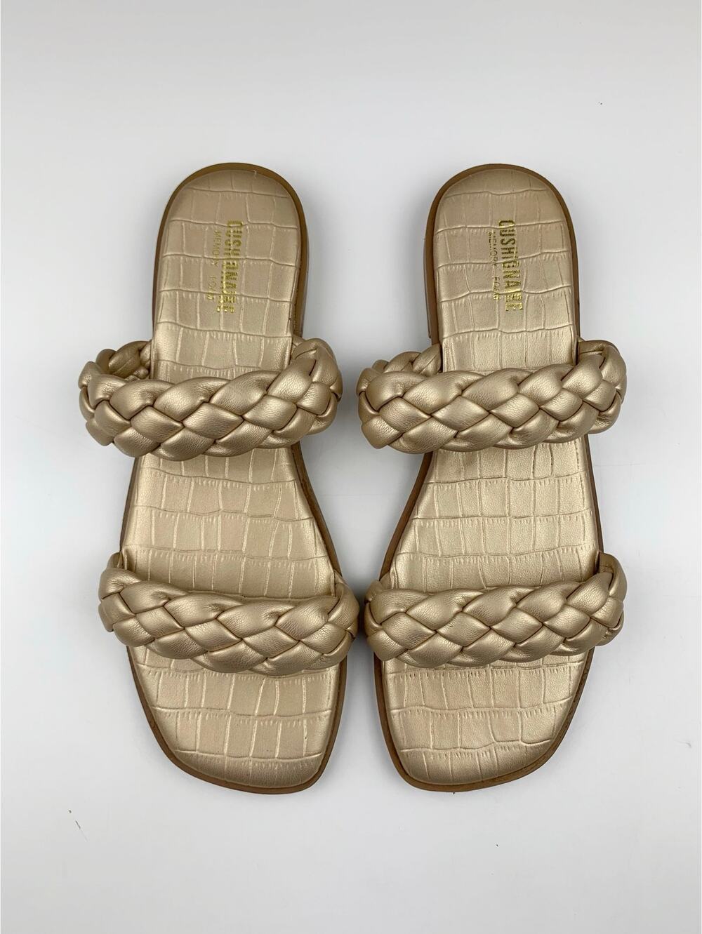 Cushionaire Vicki Braided Slide Sandals Metallic Gold Faux Leather Women's 9